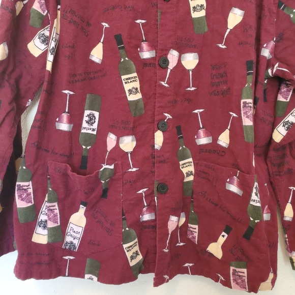 PJ Salvage Women's L Wine Bottle Glass Print Flannel Pajama Top Sleepwear Button - Picture 2 of 14